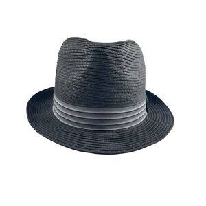 QuickSilver Black Straw Fedora Hat Striped Grosgrain Band Summer Trilby Sun Hat